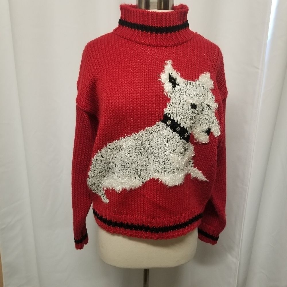 Vintage Evian II Red Christmas Holiday Sweater Schnauzer Chunky Knit L‎